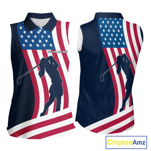 American Flag Sleeveless Polo Shirt custom women's patriotic polo shirts, best golf shirts for ladies NQS10253