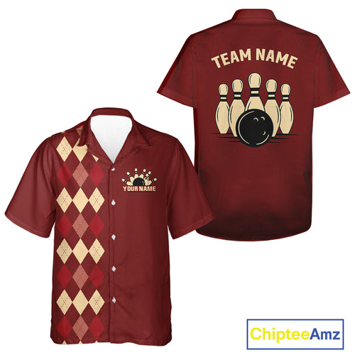 Red argyle pattern Bowling hawaiian shirt custom vintage bowling shirt, gift for bowlers NQS10255