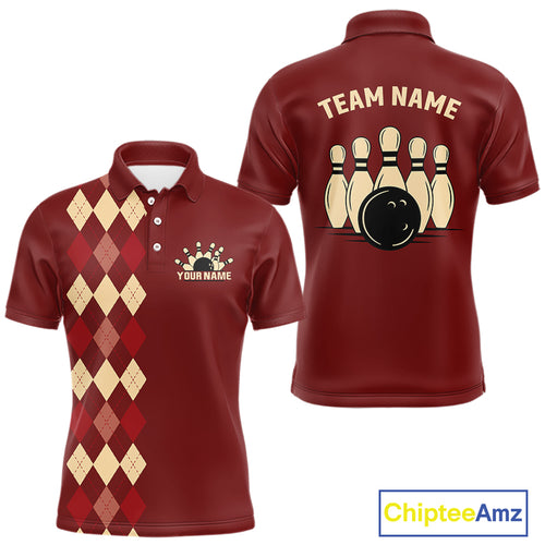 Red argyle pattern Bowling polo, 1/4 zip shirt for Men custom vintage bowling shirt, gift for bowlers NQS10255