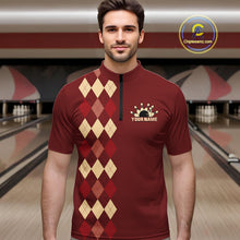 Load image into Gallery viewer, Red argyle pattern Bowling polo, 1/4 zip shirt for Men custom vintage bowling shirt, gift for bowlers NQS10255