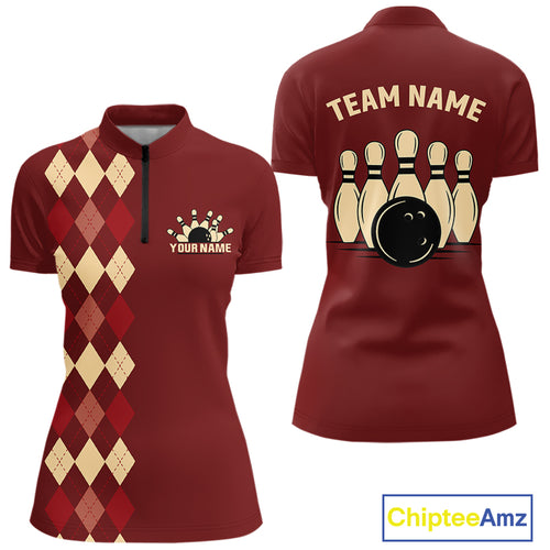 Red argyle pattern Women Bowling polo, 1/4 zip shirt custom vintage bowling shirt, gift for bowlers NQS10255