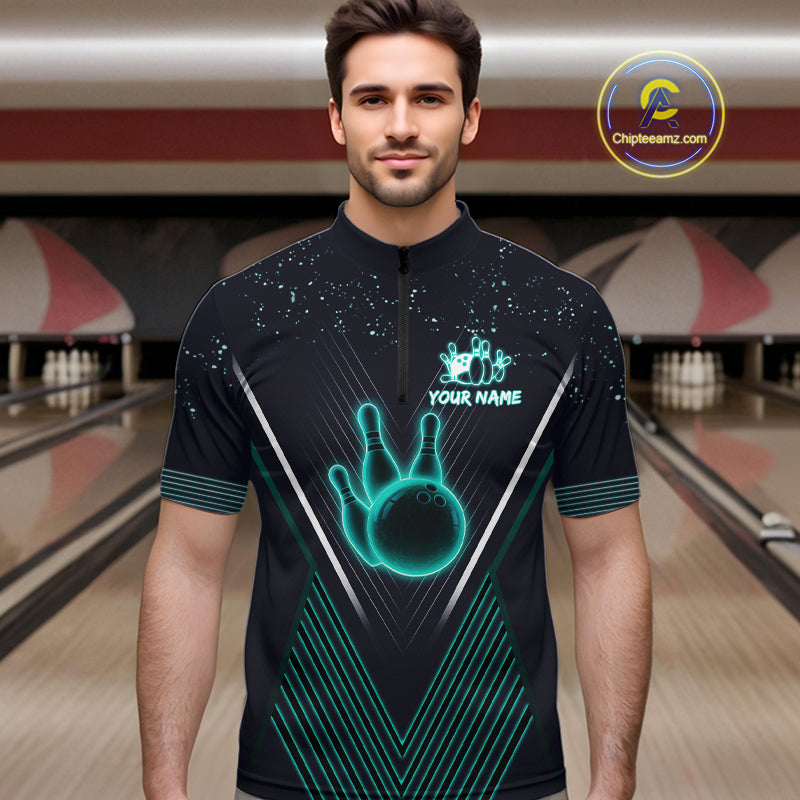 Bowling polo, quarter zip shirt for Men custom team bowling jersey, gift for bowlers | Turquoise NQS10256