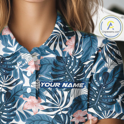 Blue tropical leaf pattern pink flower funny Golf polo shirts for Women Custom ladies golf outfits NQS10119