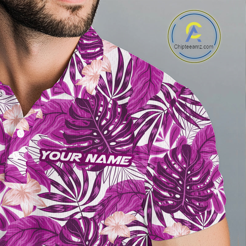 Pink tropical flower leaf pattern funny Golf polo shirts For Men Custom mens golf outfits NQS10120