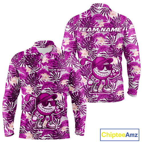 Pink tropical flower leaf pattern funny Golf polo shirts For Men Custom mens golf outfits NQS10120