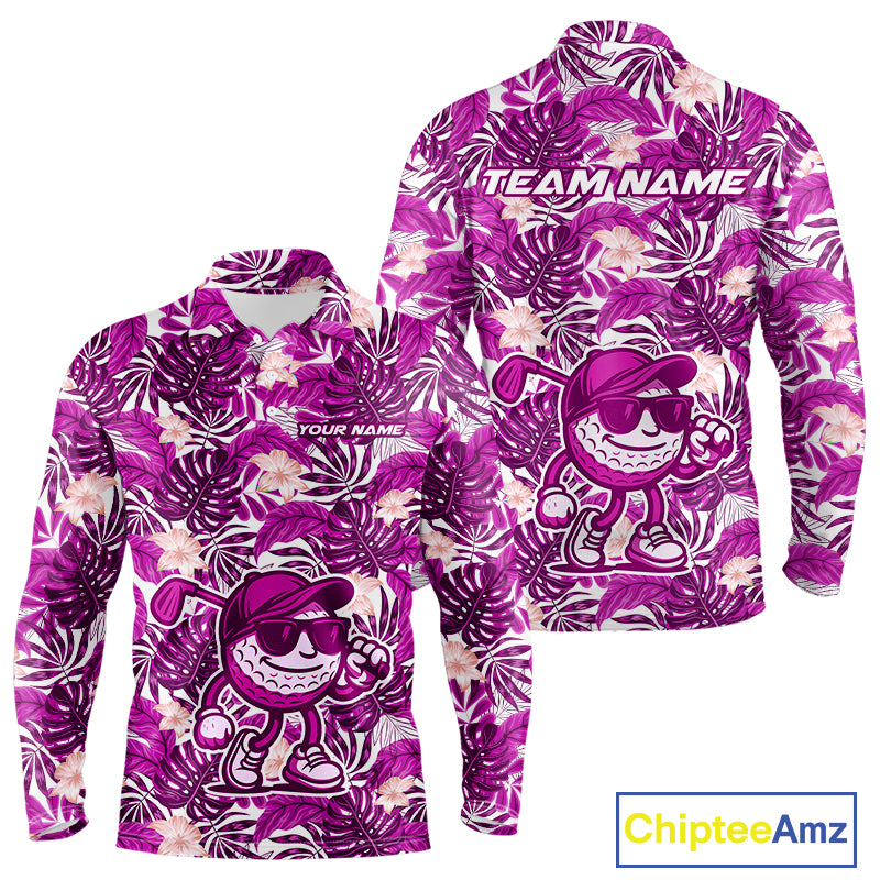 Pink tropical flower leaf pattern funny Golf polo shirts For Men Custom mens golf outfits NQS10120