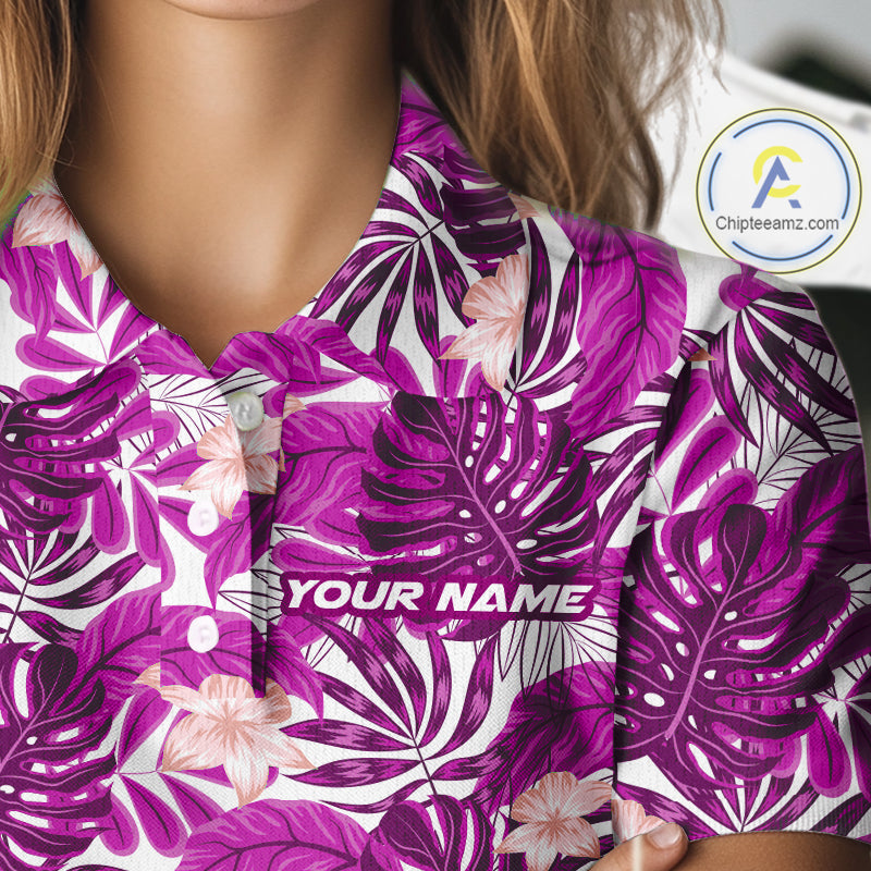 Pink tropical flower leaf pattern funny Golf polo shirts for Women Custom ladies golf outfits NQS10120