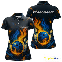 Load image into Gallery viewer, Blue and Yellow Flame Bowling shirts for Women custom bowling team jerseys for ladies bowler NQS10262