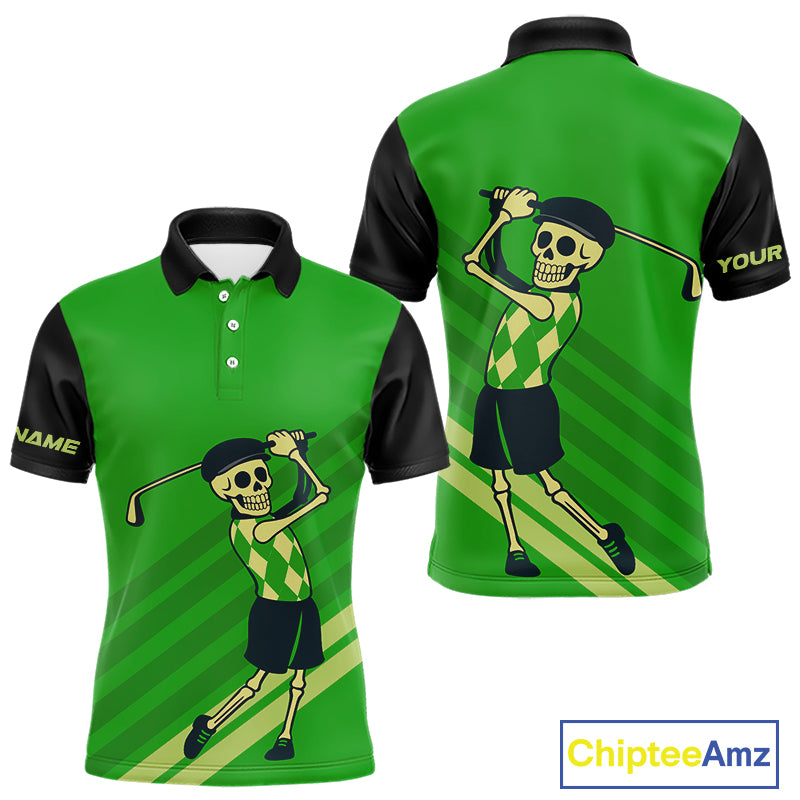 Funny argyle pattern Skull Golf Polo Shirts for men Custom mens golf attire, cool golf gifts | Green NQS10655