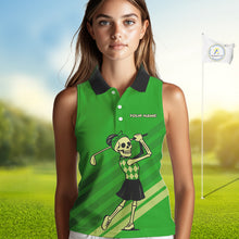 Load image into Gallery viewer, Funny argyle pattern Skull Sleeveless Polo Shirt Custom ladies golf attire, cool golf gift | Green NQS10655