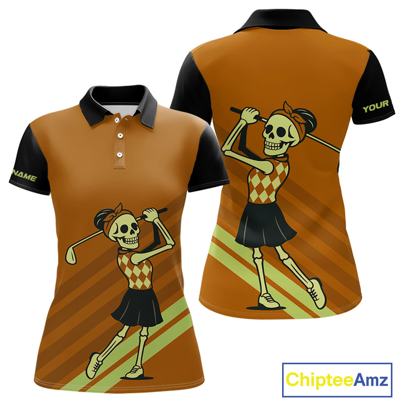 Funny argyle pattern Skull Women Golf Polo Shirt Custom ladies golf attire, cool golf gift | Orange NQS10656