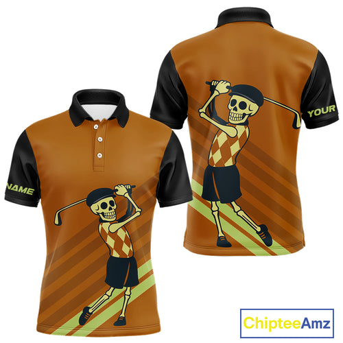 Funny argyle pattern Skull Golf Polo Shirts for men Custom mens golf attire, cool golf gifts | Orange NQS10656