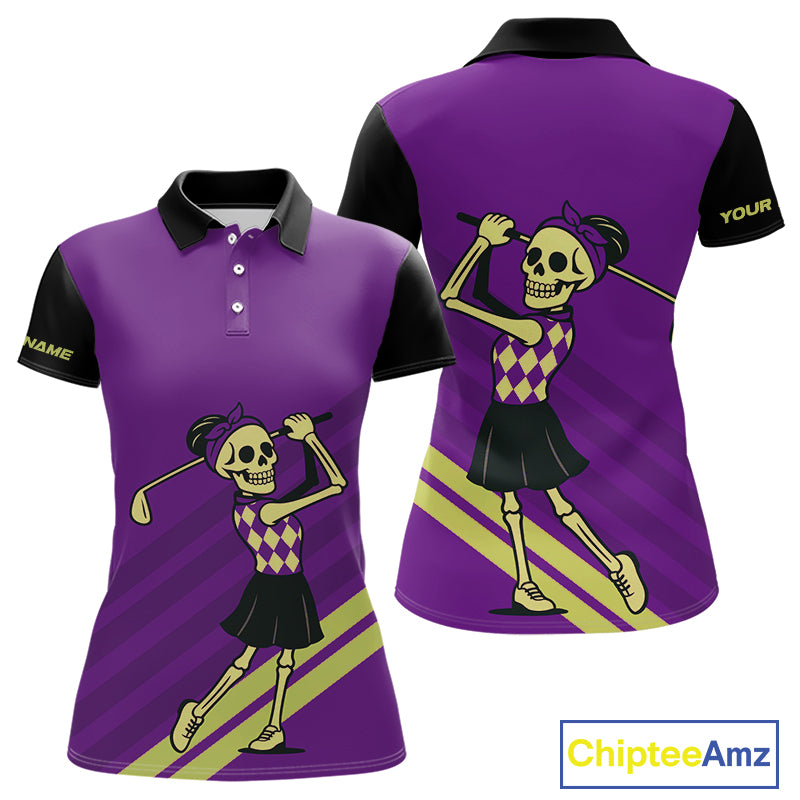 Funny argyle pattern Skull Women Golf Polo Shirt Custom ladies golf attire, cool golf gift | Purple NQS10657