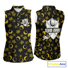 Load image into Gallery viewer, Black and Gold golf pattern Women sleeveless polo shirt Custom best ladies golf wear, golf gifts NQS10130