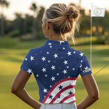 Load image into Gallery viewer, Red, White &amp; Blue stars pattern Women golf polo shirts Custom American Flag patriotic ladies golf top NQS10138