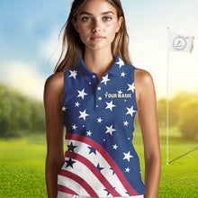 Load image into Gallery viewer, Red, White &amp; Blue stars pattern Women sleeveless polos Custom American Flag patriotic ladies golf top NQS10138