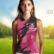 Load image into Gallery viewer, Black and Pink ribbon Women sleeveless polo shirt Custom breast cancer American flag ladies golf top NQS10140