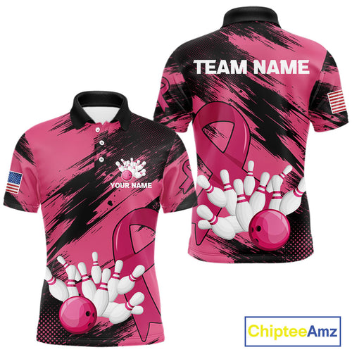Black and Pink ribbon Bowling shirts for Men Custom breast cancer American flag bowling team jersey NQS10141