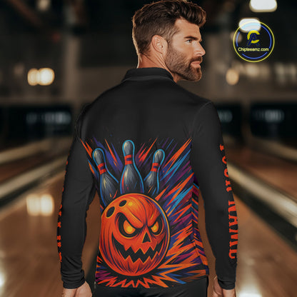 Funny Orange and Black Pumpkin Halloween Bowling Polo, 1/4 Zip Shirts For Men, Bowling Team Jersey NQS10470