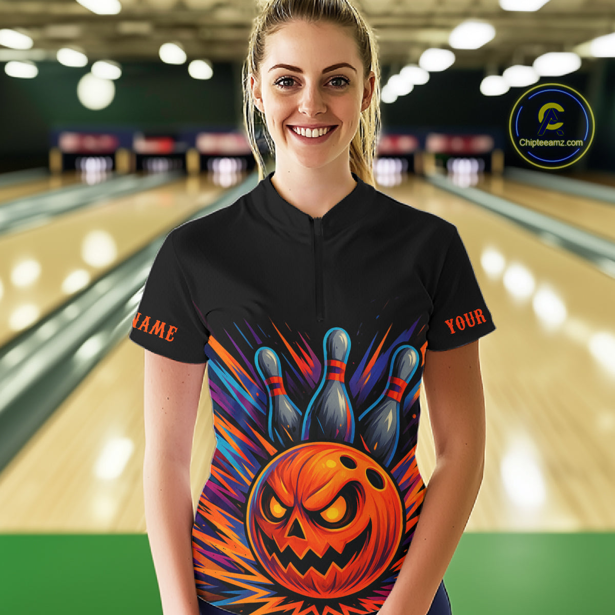 Funny Orange and Black Pumpkin Halloween Bowling Polo, 1/4 Zip Shirts For Women, Bowling Team Jersey NQS10470