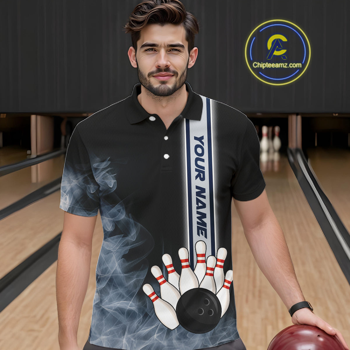 Black Smoke Bowling Polo, Quarter Zip Shirts For Men Custom Team Bowling Tournament Jerseys NQS10681