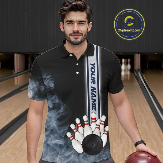 Black Smoke Bowling Polo, Quarter Zip Shirts For Men Custom Team Bowling Tournament Jerseys NQS10681