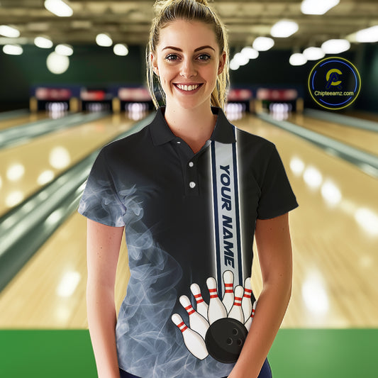 Black Smoke Bowling Polo, Quarter Zip Shirts For Women Custom Team Bowling Tournament Jerseys NQS10681