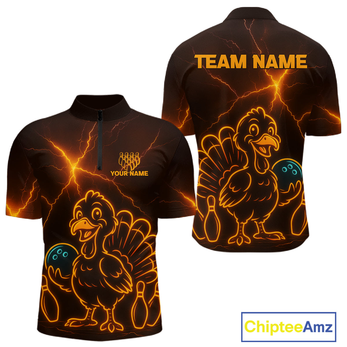 Orange Lightning Thunder Turkey Bowling Shirts For Men Custom Thanksgiving Team Bowling Jerseys NQS10682