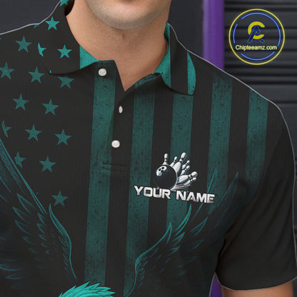 Black and Cyan Blue American Flag Eagle Bowling Shirt For Mens Custom Patriotic Team bowling jerseys NQS10478