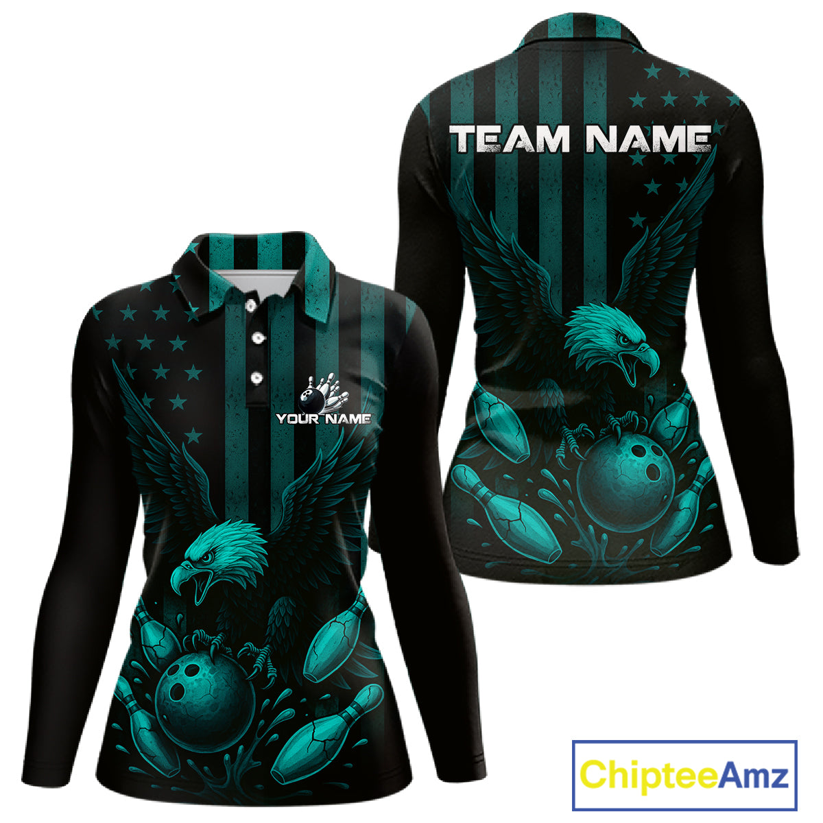 Black and Cyan Blue American Flag Eagle Bowling Shirt For Women Custom Patriotic Team bowling jerseys NQS10478