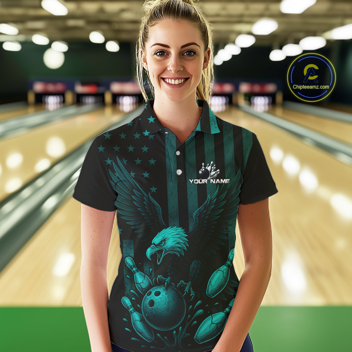 Black and Cyan Blue American Flag Eagle Bowling Shirt For Women Custom Patriotic Team bowling jerseys NQS10478