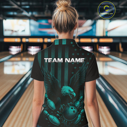 Black and Cyan Blue American Flag Eagle Bowling Shirt For Women Custom Patriotic Team bowling jerseys NQS10478