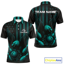 Load image into Gallery viewer, Black and Cyan Blue American Flag Eagle Bowling Shirt For Mens Custom Patriotic Team bowling jerseys NQS10478