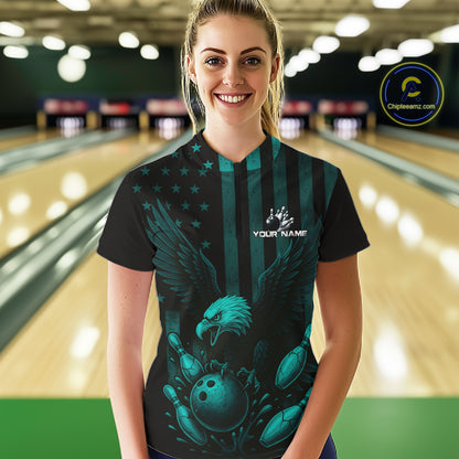 Black and Cyan Blue American Flag Eagle Bowling Shirt For Women Custom Patriotic Team bowling jerseys NQS10478