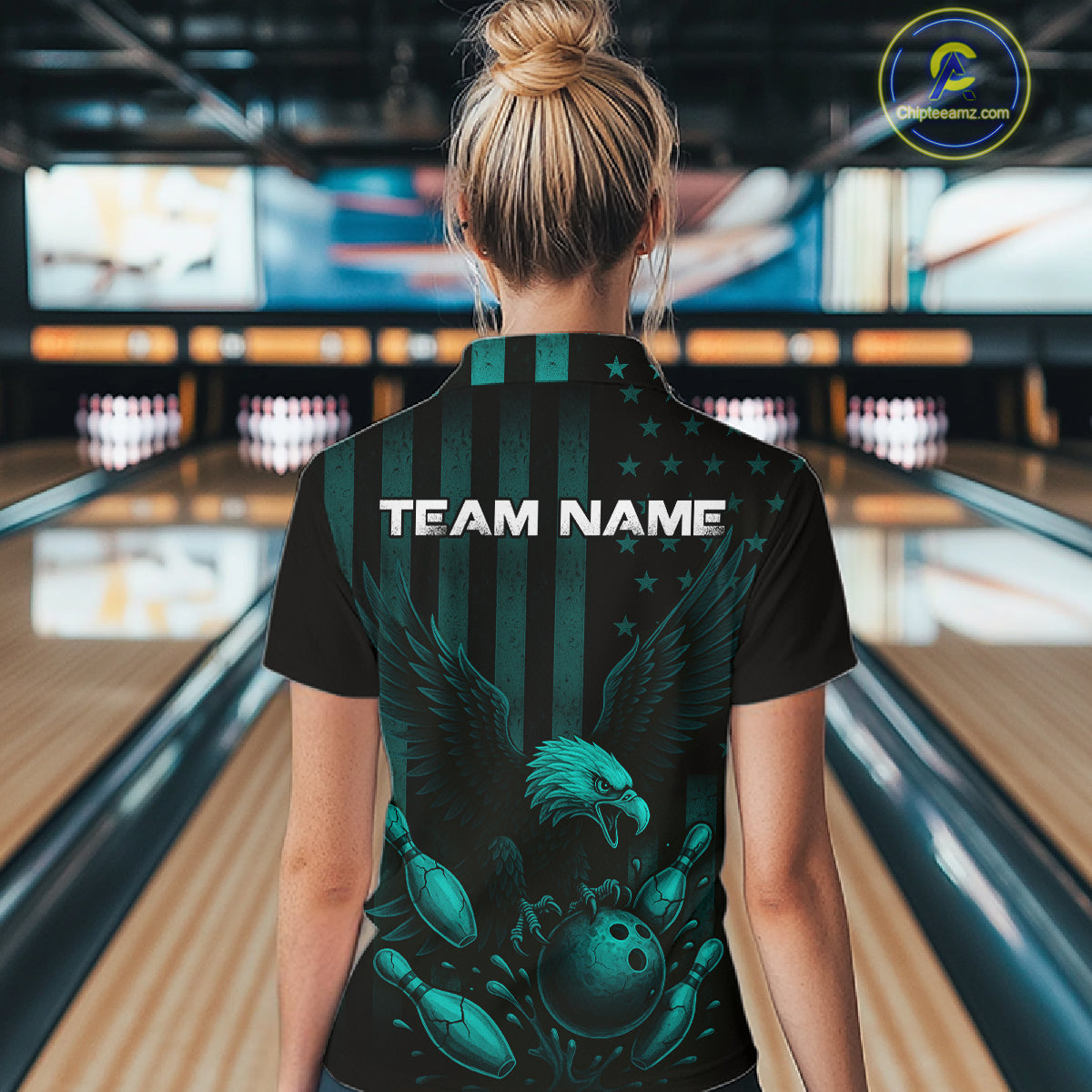 Black and Cyan Blue American Flag Eagle Bowling Shirt For Women Custom Patriotic Team bowling jerseys NQS10478
