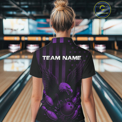 Black and Purple American Flag Eagle Bowling Shirt For Women Custom Patriotic Team bowling jerseys NQS10479