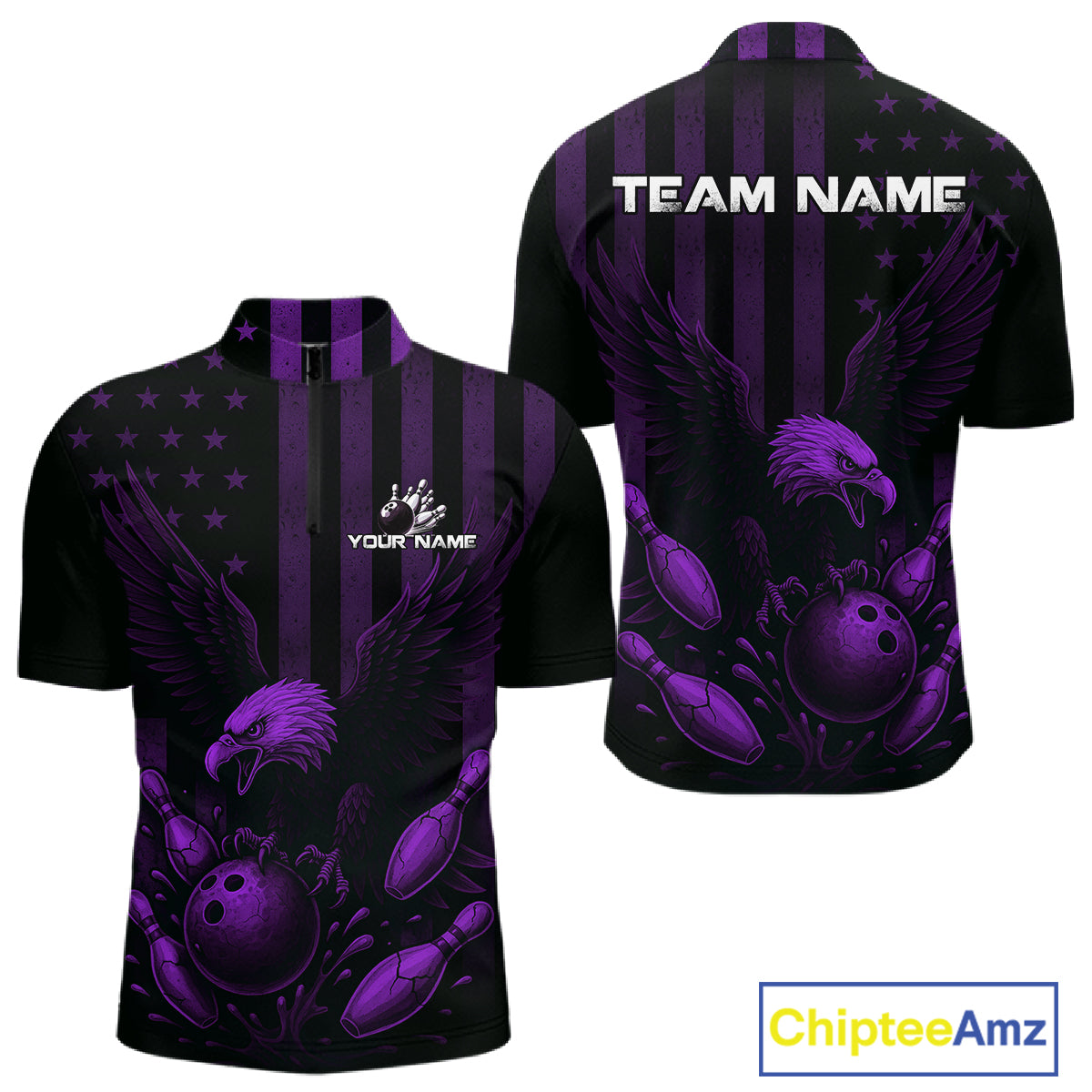 Black and Purple American Flag Eagle Bowling Shirt For Mens Custom Patriotic Team bowling jerseys NQS10479