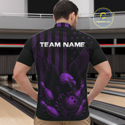 Black and Purple American Flag Eagle Bowling Shirt For Mens Custom Patriotic Team bowling jerseys NQS10479