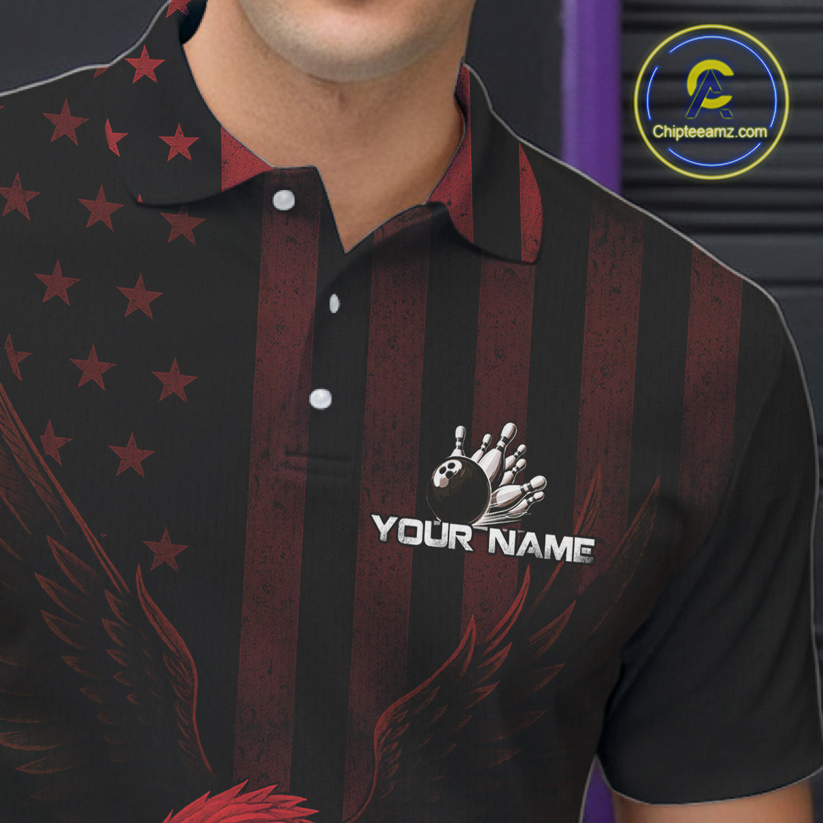 Black and Red American Flag Eagle Bowling Shirt For Mens Custom Patriotic Team bowling jerseys NQS10480