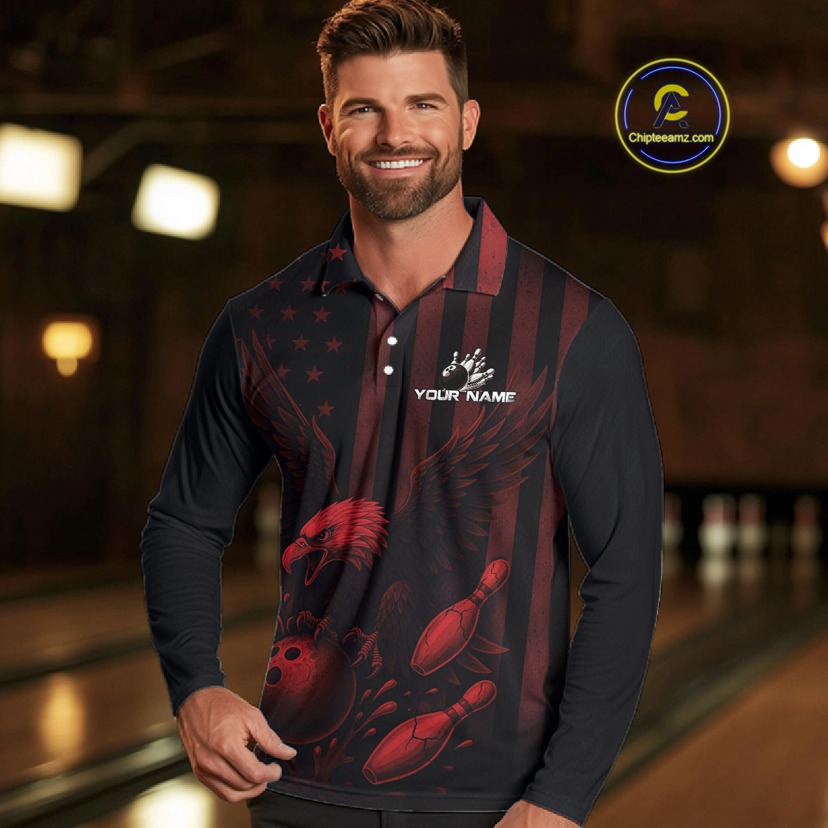 Black and Red American Flag Eagle Bowling Shirt For Mens Custom Patriotic Team bowling jerseys NQS10480