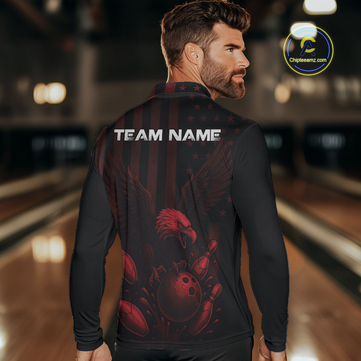 Black and Red American Flag Eagle Bowling Shirt For Mens Custom Patriotic Team bowling jerseys NQS10480