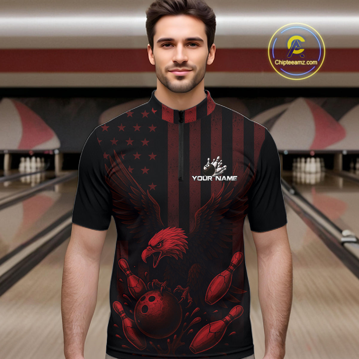 Black and Red American Flag Eagle Bowling Shirt For Mens Custom Patriotic Team bowling jerseys NQS10480