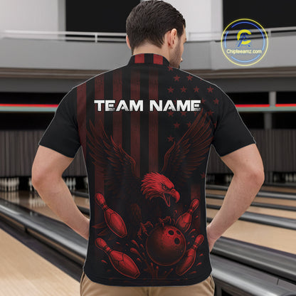Black and Red American Flag Eagle Bowling Shirt For Mens Custom Patriotic Team bowling jerseys NQS10480