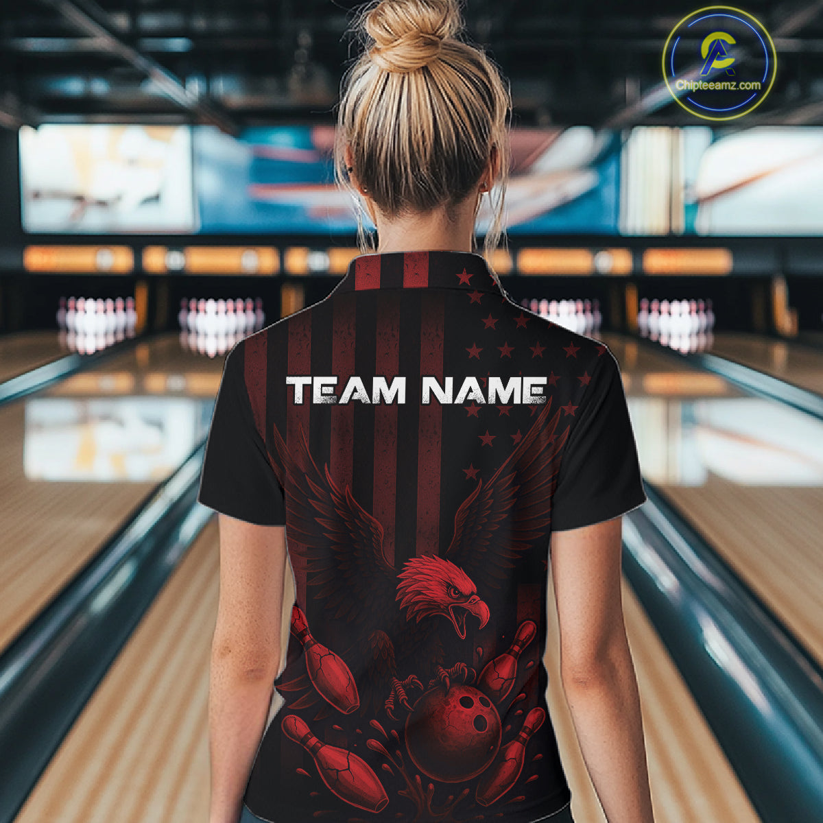 Black and Red American Flag Eagle Bowling Shirt For Women Custom Patriotic Team bowling jerseys NQS10480