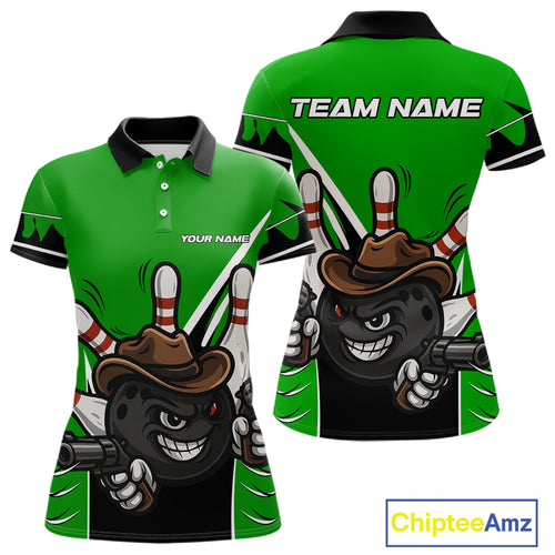 Funny Cowboy gun bowling ball and pins Bowling shirt for Women Custom bowling team jersey | Green NQS10691