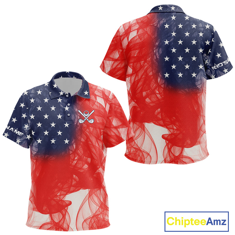 Custom Smoke American Flag Patriotic Golf Polo Shirt For Kid, Personalized Kid Golf top NQS10497