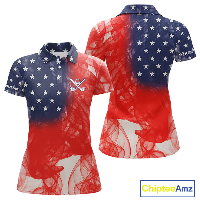 Custom Smoke American Flag Patriotic Golf Polo Shirt For Women, Personalized Ladies Golf top NQS10497