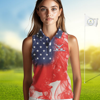 Custom Smoke American Flag Patriotic Golf Sleeveless Polo Shirt, Personalized Ladies Golf top NQS10497