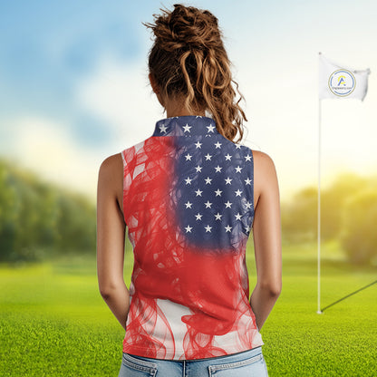 Custom Smoke American Flag Patriotic Golf Sleeveless Polo Shirt, Personalized Ladies Golf top NQS10497