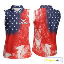 Load image into Gallery viewer, Custom Smoke American Flag Patriotic Golf Sleeveless Polo Shirt, Personalized Ladies Golf top NQS10497